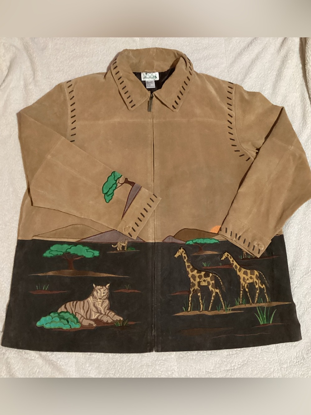 Vintage Women’s Quacker Factory Leather Jacket Safari Scene Full Zip Tan Size 2X